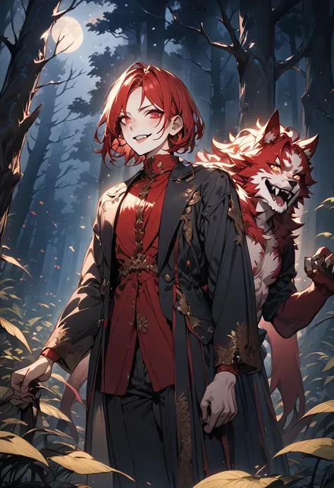 (award winning, 8k, super detailed, high resolution, best quality), (a young man with red hair and black jacket, smirk face and), (a werewolf with red velvet fur), (standing side by side), detailed eyes, extremely detailed face and features, detailed fangs...