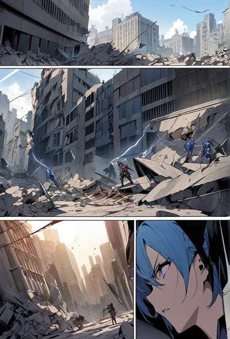 ((highest quality)), ((masterpiece)), ((detailed)), A man with blue hair and blue eyes throwing knives and lightning at dark creatures of shadows and demons comic ebook storyboard three panels HQ In a city in rubble and destroyed