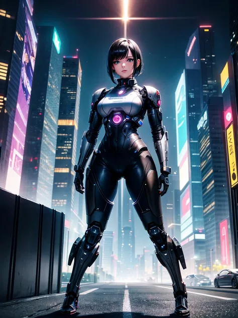 Highest quality,Highest Resolution,beautiful girl,Android,metallic,Mechanic,cyborg,Future city at night,Short black hair,whole body,Ride on a futuristic machine and drive,Move,