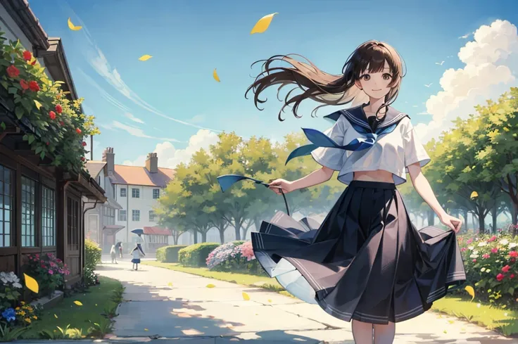 (masterpiece),  town,  blue sky,  one girl,  smile,  alone,  sailor suit、long skirt,  overgrown,  petal,  plant、skirt lining、tra...