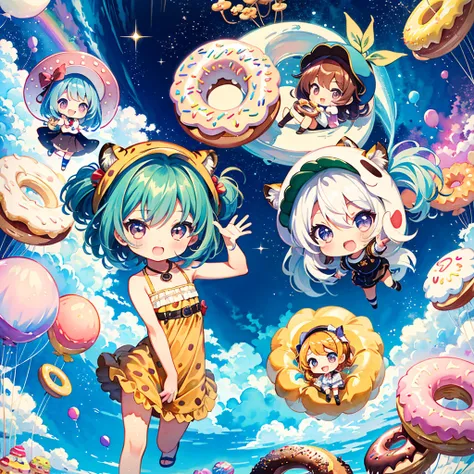 (chibi:1.5), (3 girls, cute triplet girls), tiger costume, costume, cute pose, colorful hair, rainbow mushroom town, sequin shower, glitter, lovely, kawaii, Saturn doughnuts, spiral bucket, eating donuts, balloon, BREAK, high quality, high image quality, m...