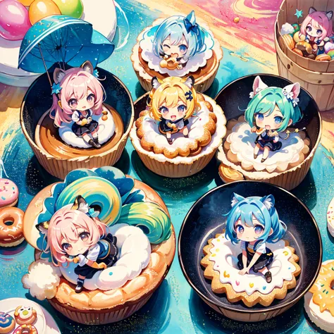 (chibi:1.5), (3 girls, cute triplet girls), tiger costume, costume, cute pose, colorful hair, rainbow mushroom town, sequin shower, glitter, lovely, kawaii, Saturn doughnuts, spiral bucket, eating donuts, balloon, BREAK, high quality, high image quality, m...