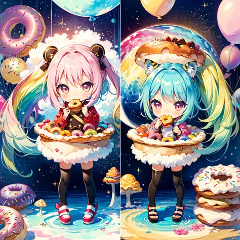 (chibi:1.5), (3 girls, cute triplet girls), tiger costume, costume, cute pose, colorful hair, rainbow mushroom town, sequin shower, glitter, lovely, kawaii, Saturn doughnuts, spiral bucket, eating donuts, balloon, BREAK, high quality, high image quality, m...