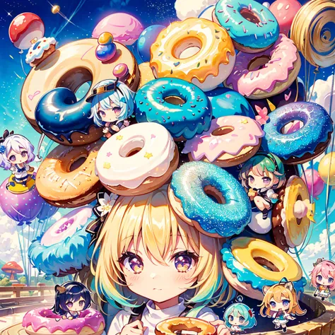 (chibi:1.5), (3 girls, cute triplet girls), tiger costume, costume, cute pose, colorful hair, rainbow mushroom town, sequin shower, glitter, lovely, kawaii, Saturn doughnuts, spiral bucket, eating donuts, balloon, BREAK, high quality, high image quality, m...