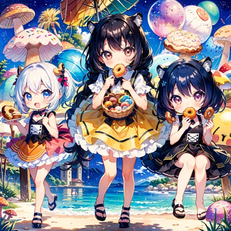 (chibi:1.5), (3 girls, cute triplet girls), tiger costume, costume, cute pose, colorful hair, rainbow mushroom town, sequin shower, glitter, lovely, kawaii, Saturn doughnuts, spiral bucket, eating donuts, balloon, BREAK, high quality, high image quality, m...