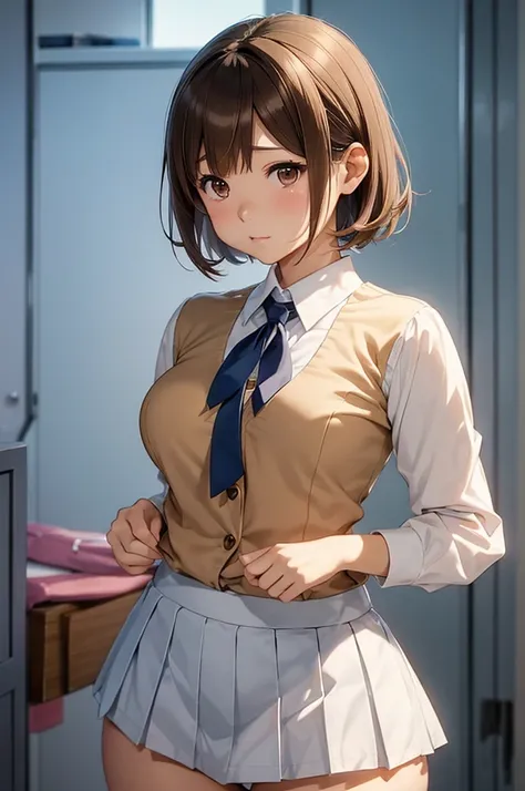 独奏、Big Breasts、Toned body、Bare thighs、White panties、（uniform、Dark blue blazer、Light blue ribbon、White shirt、Collared shirt、Grey Micro Mini Skirt Grey、Grey Pleated Skirt Grey）、(short hair、Brown Hair、Barrette、hair ornaments)、(Brown eyes:1.5)、(yuihirasawa、yui...