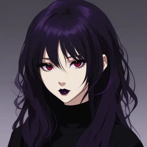 Kyoko has long, flowing black, often messy hair with a purple tint, styled in a sleek and elegant manner. Her piercing red eyes are framed by thick lashes, she have dark, bold lipstick that highlights her full lips. Kyoko wear black and purple pullover tha...