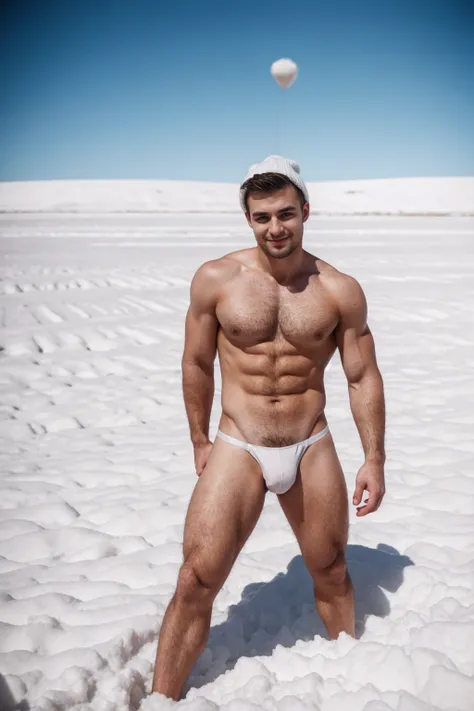 1 stocky shirtless Russian gay is standing with his legs and thighs opened and spread in the snow with wide landscape of snowfield , 1 man only, no other people, iceblocks and icelake and snow scene, he is wearing white fur gloves, fur woolen hat to cover ...