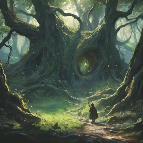 As twilight descends upon the ancient forest of Eldergrove, a young boy navigates the winding paths between towering oak trees and gnarled roots. His short, curly brown hair catches glimpses of fading sunlight filtering through the dense canopy above, cast...