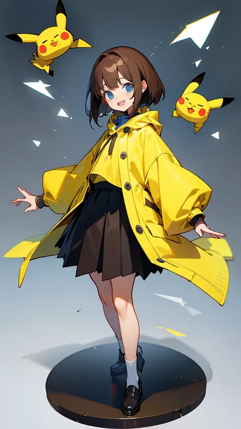 Thick Coating, young, かわいいgirl, Brown Hair, short hair,Pikachus ears, Yellow clothes, poncho,  A short black skirt underneath, blue eyes,virtual,girl,whole body,upright,Place your arms at your sides,Place your hands at your sides.,View from the front,Simpl...