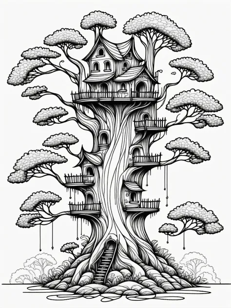 whimsical tree house village, line art, black and white, intricate details, coloring book page, fantasy forest setting, black an...