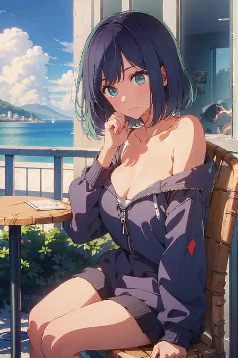 (Highest quality:1.4、8K:1.4、detailed)、F cup bust、Big Breasts、Slim body、Very white beautiful skin、((((1 person、Surprised expression、sit、Chair、In the background are the urban buildings of Tokyo、looking at the camera、Outdoor café terrace、Navy hair color、juice...