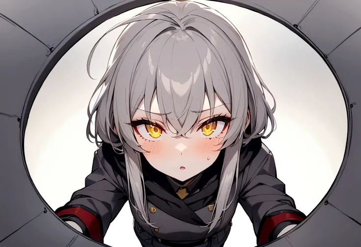 (masterpiece, best quality:1.2), 1girl, 独奏,Black military uniform、Looking through the scope、Point your gun at us、Grey long hair、Ahoge、Yellow Eyes、Ready your gun?、sniper rifle、Background of military bases、Fisheye Lens、battlefield、Shadows of light and darkne...