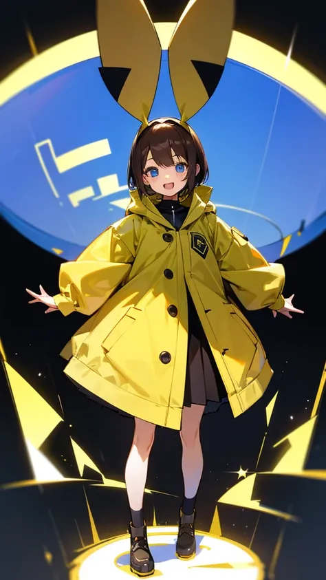 Thick Coating, young, かわいいgirl, Brown Hair, short hair,Pikachus ears, Yellow clothes, poncho,  A short black skirt underneath, blue eyes,virtual,girl,whole body,upright,Place your arms at your sides,Place your hands at your sides.,View from the front,Simpl...