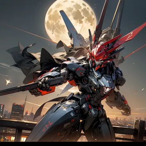 Masterpiece, best quality, high quality, Black Mecha, Black bow on his hand, red arrow on the bow, sunny day, Background is City on fire, Night, stars on the sky, Full Moon