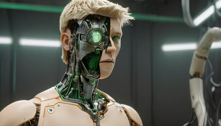 1 mechanical boy, (male), mullet haircut, blonde hair, green eyes, blonde, (24 age), mechanical green cables arms outstretched, ...