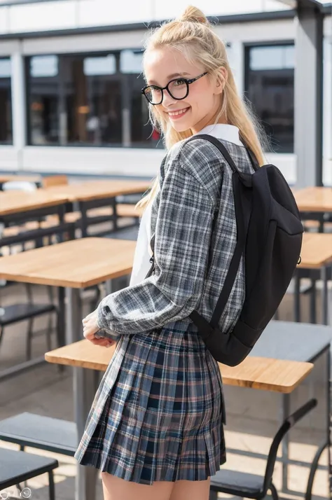 1girl, glasses,  jacket, long hair,, plaid, plaid skirt, , shoes, shuujin academy uniform, skirt, from behind, outdoors, smile, school cafeteria, 
masterpiece, best quality,  blonde hair, tanned skin, dark skin, gyaru,bronze skin