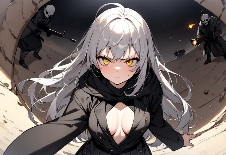 大きなReady your gun?女の子、Open chest、(masterpiece, best quality:1.2), 1girl, 独奏,Black military uniform、Looking through the scope、Point your gun at us、Grey long hair、Ahoge、Yellow Eyes、Ready your gun?、sniper rifle、Background of military bases、Fisheye Lens、battle...