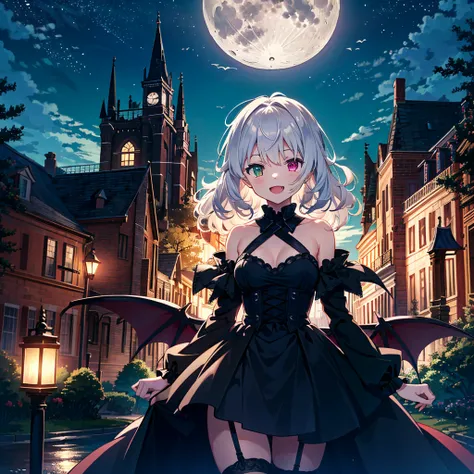 score_9, score_8_up, score_7_up, source_anime, masterpiece, best quality, highres, absurdres, aerial, flying sky,
1 girls, solo, medium breasts, ahoge, silver hair, puffy hair, sidelock, (heterochromia), black gothic dress, bare shoulder, vampire, smile, o...