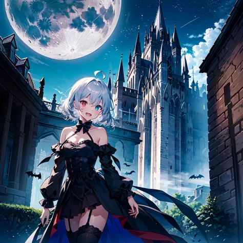 score_9, score_8_up, score_7_up, source_anime, masterpiece, best quality, highres, absurdres, aerial, flying sky,
1 girls, solo, medium breasts, ahoge, silver hair, puffy hair, sidelock, (heterochromia), black gothic dress, bare shoulder, vampire, smile, o...