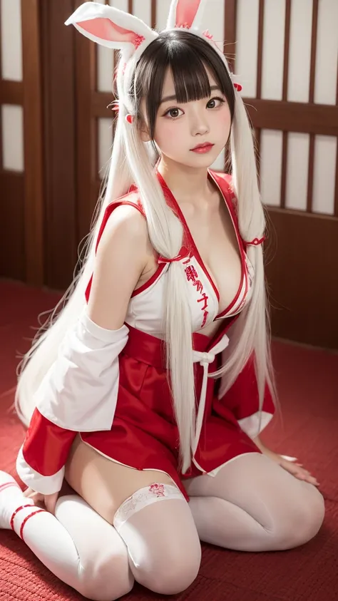 young asian woman, (long white bunny ears), (Cute red and white shrine maiden costume), Long white hair, Twin tails and bangs, Japan Traditional Hair Ornaments, Big Breasts, Shrine under the full moon, Sitting, White Stockings, Athletic ability, Bright red...