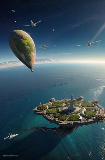 Create a fantasy illustration in ,in which people live on flying islands hovering above the earth