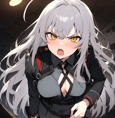 (masterpiece, best quality:1.2),Angry Face、 1girl, 独奏,Black military uniform、Grey long hair、Ahoge、Yellow Eyes、Ready your gun?、sniper rifle、Background of military bases、Fisheye Lens