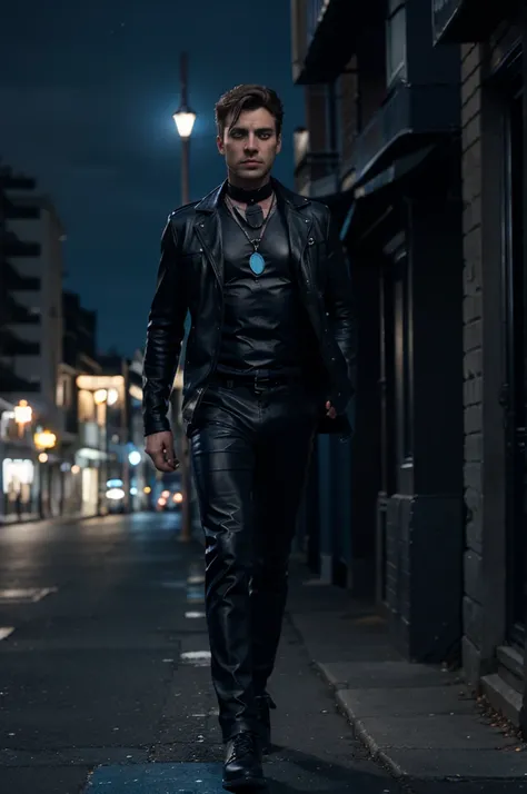 A hunter black cat his eyes are blowing blue colour wearing leathers clothes white and blue necklace oh his neck. Dark background. (Dark place) full body cats walking in night time ((showing few long distance )) (dark background seen )