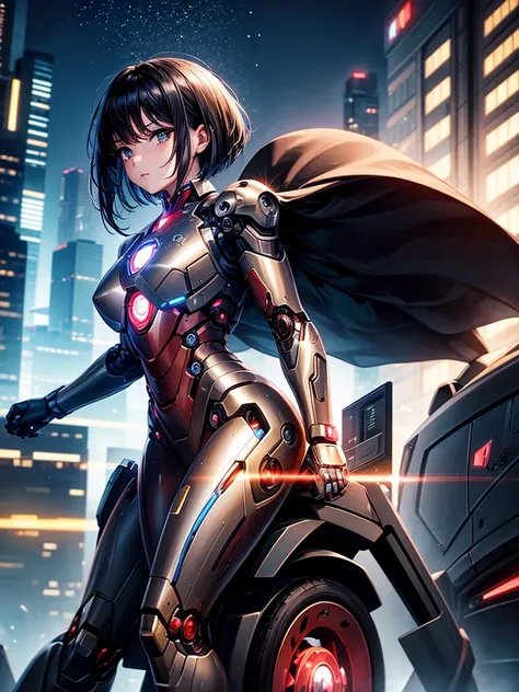 Highest quality,Highest Resolution,beautiful girl,Black Iron Man-like android,metallic,Mechanic,cyborg,Future city at night,Short black hair,whole body,Ride on a futuristic machine and drive,Move,