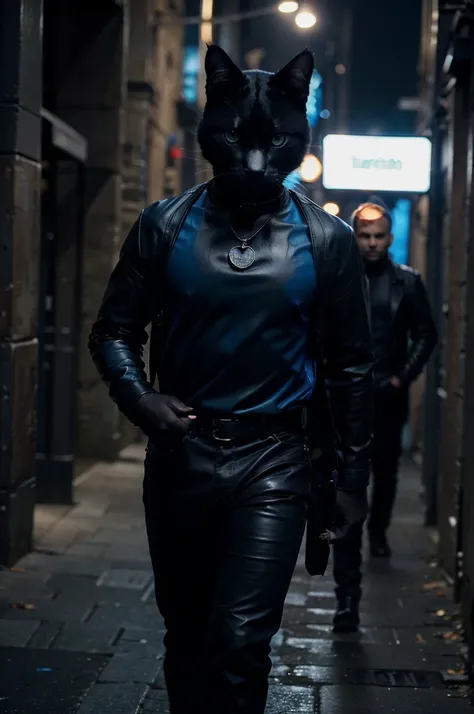 A hunter black cat his eyes are blowing blue colour wearing leathers clothes white and blue necklace oh his neck. Dark background. (Dark place) full body cats walking in night time ((showing few long distance )) (dark background seen )