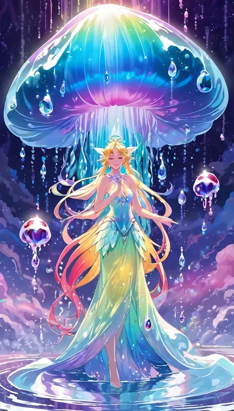 Anime Digital Art, Liquid Style, Radiant Goddess Jelly Therianthrope, Translucent Form, Opulently Gelatinous, Surrounded by Rainbow Droplets, Reflecting Otherworldly Beauty, Fantastical Blending of Nature and Fantasy, Full Body View

Imagine a goddess with...