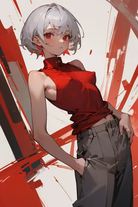 ((Highest quality)), ((masterpiece)), (Become familiar with), 1 girl, alone, Silver Hair,Brown Skin,Red eyes,Long trousers,Red sleeveless,((Red Shirt)),Clothes with a visible back, thin,short hair,Small breasts, Erect nipples,