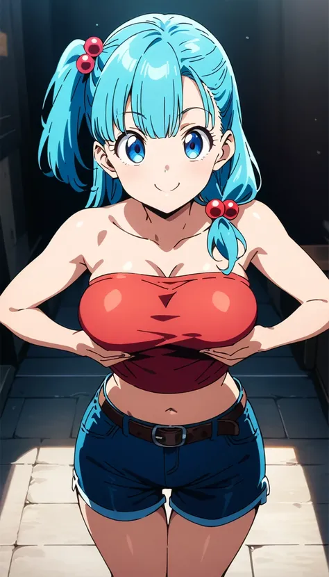 score_9, score_8_up, score_7_up, BREAK from front,from above,straight-on,(breast lift),standing,,mediumshot,1girl,bulma, blue eyes, blue hair,bare shoulders, belt, cleavage, hair bobbles, hair ornament, hair over shoulder,medium breast,midriff, navel, one ...