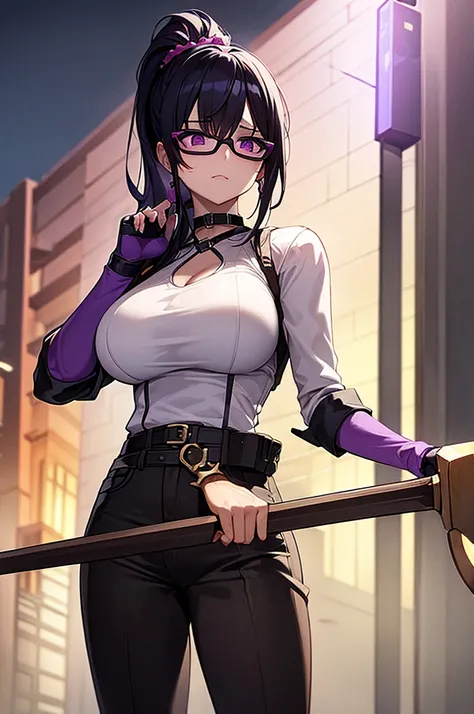 masterpiece,Big Breasts,beauty,Purple glasses,Black Hair,Side Ponytail,Blood splatter,mask,wielding an ax,Standing under a streetlight,night