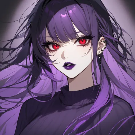 Kyoko has long, flowing black, often messy purple hair. Her piercing red eyes are framed by thick lashes, she have dark, bold lipstick that highlights her full lips. Kyoko wear black and purple pullover that is always too big for Her and black short.