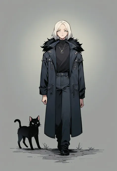 A hunter black cat his eyes are blowing blue colour wearing leathers clothes white and blue necklace oh his neck. Dark background. (Dark place) full body cats walking in night time ((showing few long distance )) (dark background seen ) real cat .