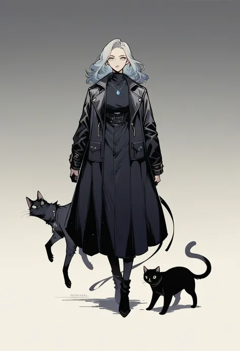 A hunter black cat his eyes are blowing blue colour wearing leathers clothes white and blue necklace oh his neck. Dark background. (Dark place) full body cats walking in night time ((showing few long distance )) (dark background seen ) real cat .