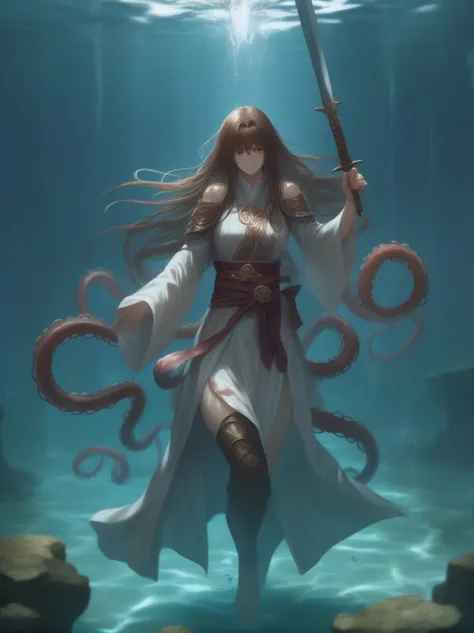 Partially underwater,最high quality,high quality, , Long Hair, Brown Hair, Wet Hair, Flat Chest,Dark underground labyrinth,No light,Cloth armor,Equipped with a dagger and a shield,Face above water,Body in water, Underwater Photography,The robe rolls up due ...