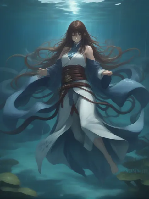 Partially underwater,最high quality,high quality, , Long Hair, Brown Hair, Wet Hair, Flat Chest,Dark underground labyrinth,No light,Cloth armor,Equipped with a dagger and a shield,Face above water,Body in water, Underwater Photography,The robe rolls up due ...