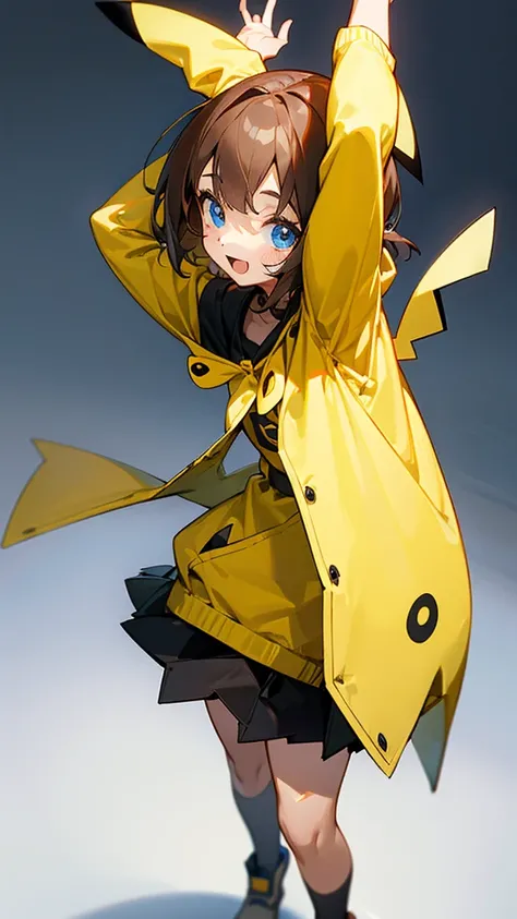 Thick Coating, young, かわいいgirl, Brown Hair, short hair,Pikachus ears, Yellow clothes, Very short poncho,  A short black skirt underneath, blue eyes,virtual,girl,whole body,upright,Place your arms at your sides,Place your hands on the side of your body.,fro...