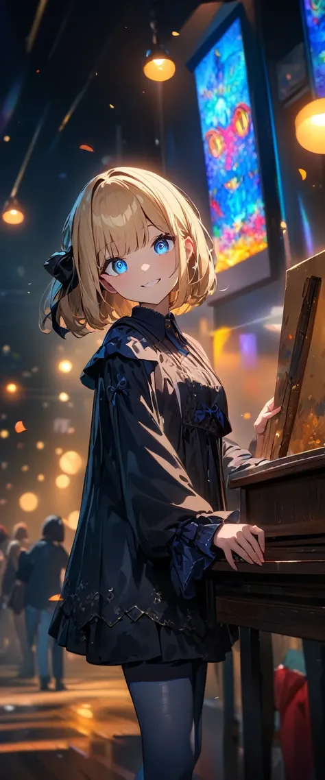 (((One girl))), Shibuya, blond hair, bob cut, (looking at viewer), full body, breasts, teenager, head tilt:1.3, (((blue eye))), constricted pupils, (from side:1.3), ((happy smile)), gothic lolita:1.3, hair ornament, hair ribbon, anime style, (best quality,...