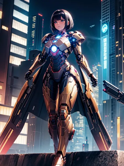 Highest quality,Highest Resolution,beautiful girl,Black Iron Man-like android,metallic,Mechanic,cyborg,Future city at night,Short black hair,whole body,Ride on a futuristic machine and drive,Move,