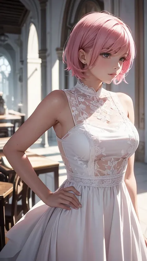 Alcanevi, A woman with medium-short pink hair wearing a white dress, Woman&#39;s face, Unreal Engine Character Art, Portraiture