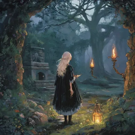 In the quiet solitude of a secluded cottage nestled deep within the shadowed woods, a back view of a young girl with short, curly white hair stands before a crackling hearth. Dressed in a black medieval gown adorned with intricate silver embroidery that gl...