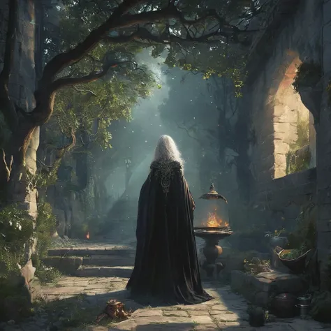 In the quiet solitude of a secluded cottage nestled deep within the shadowed woods, a back view of a young girl with short, curly white hair stands before a crackling hearth. Dressed in a black medieval gown adorned with intricate silver embroidery that gl...