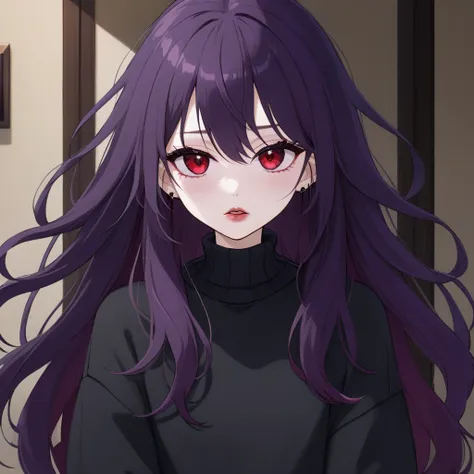 Kyoko has long, flowing black, often messy purple hair. Her piercing red eyes are framed by thick lashes, she have dark, bold lipstick that highlights her full lips. Kyoko wear black and purple pullover that is always too big for Her and black short.