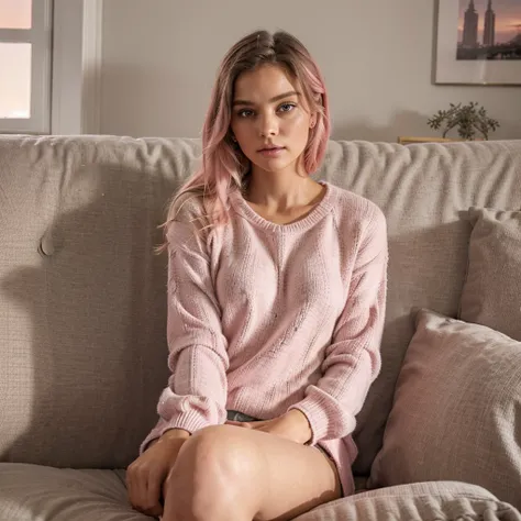 Female supermodel. Cute, adorable. Pastel pink sweater. Sitting on gray sofa. Living room. Dark, soft lighting. Sunset.