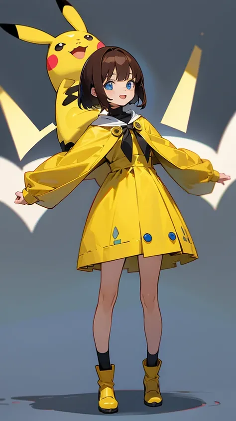 Thick Coating, very young, かわいいgirl, Brown Hair, short hair,Pikachus ears, Yellow clothes, Very short poncho,  A short black skirt underneath, blue eyes,virtual,girl,whole body,upright,Place your arms at your sides,Place your hands on the side of your body...