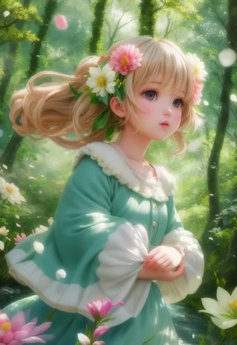 girl in a forest with floating flowers, river, puffy, puffy cheeks, cute,
vibrant colors, colorful art style, 
soft lighting, soft shadows, detailed textures, dynamic lighting, 
nice hands, perfect hands, 
