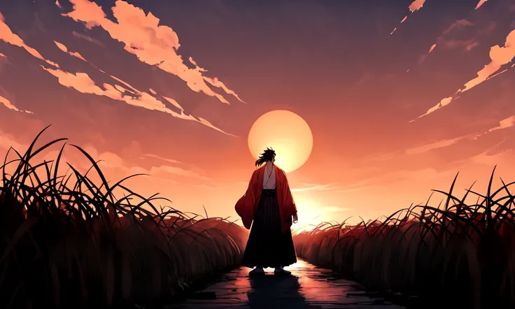 Yoriichi from demon slayer. he is a tall man with a lean, muscular build, fair skin, maroon eyes, and long spiky hair with red tips that he keeps in a ponytail. He wears a red haori over a very pale orange-colored nagagi kimono, black umanori-styled hakama...